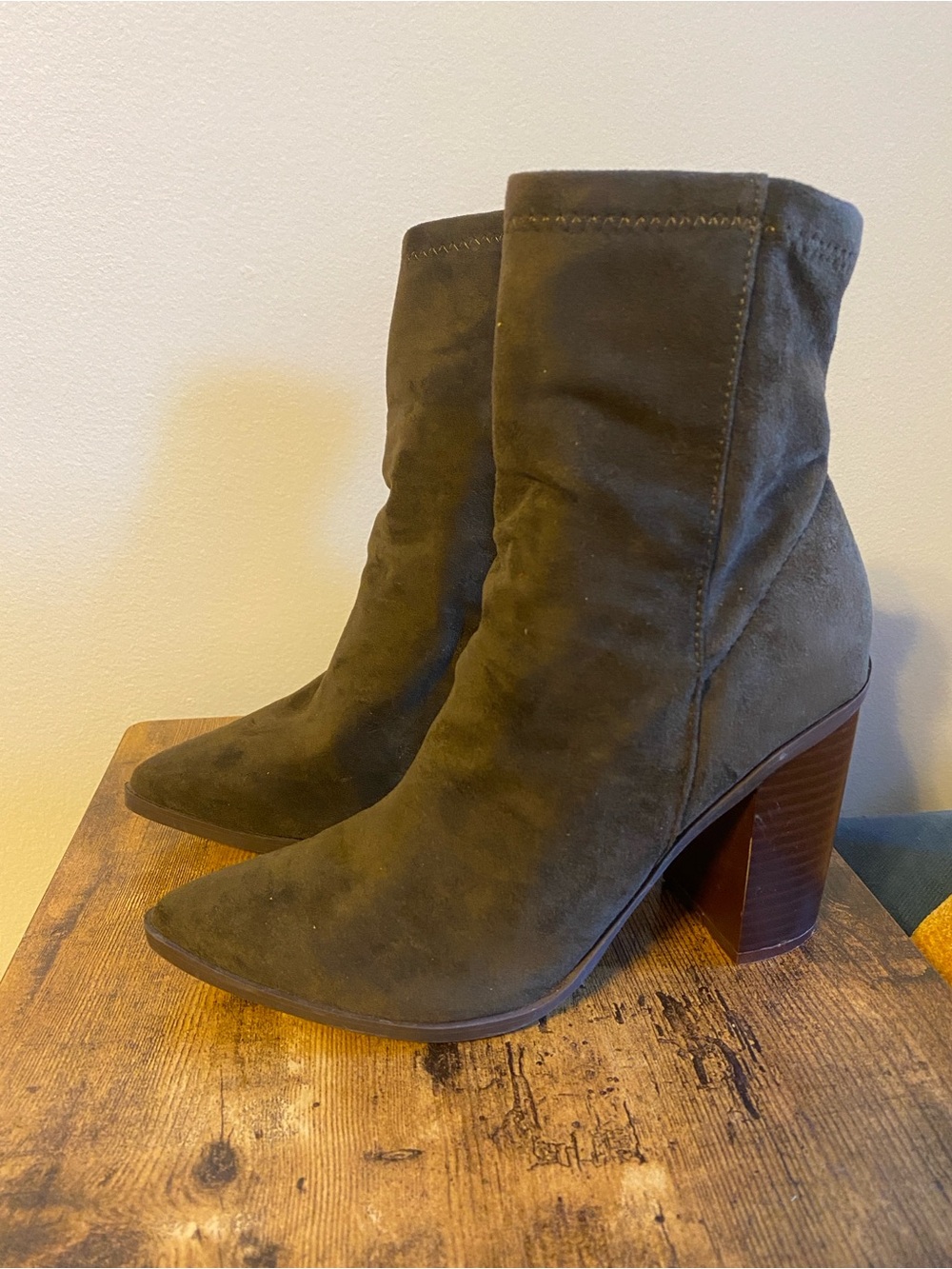Lulu's Olive Suede Pointed-Toe Stacked Heel Ankle Boots